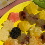 Close up of crystal candy showing sparkling translucent texture and vibrant colors